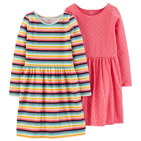 Carters Girls 2 Jersey Long Sleeve Dress Set Multicolor Stripes Polka Dots 12 - Picture 1 of 7